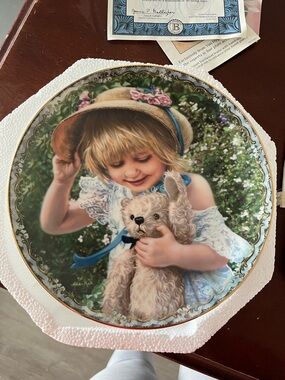 Collector Decorative Plate Featuring Young Girl with Teddy - Blue Accents